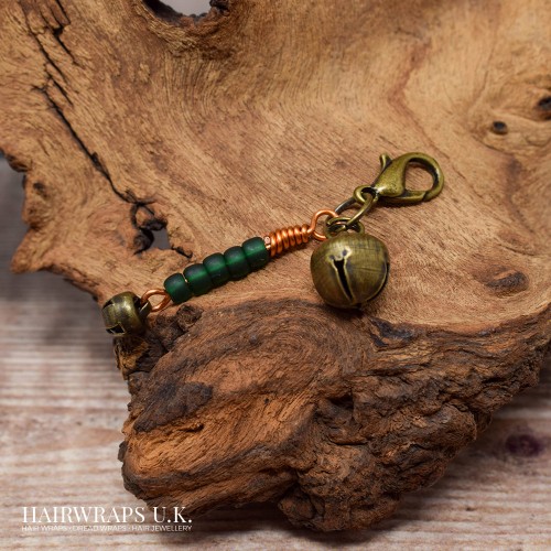 Removable Orange, Gold, and Green Hair Wrap with Glass Bead and Tibetan Bronze Charms - Sandlewood