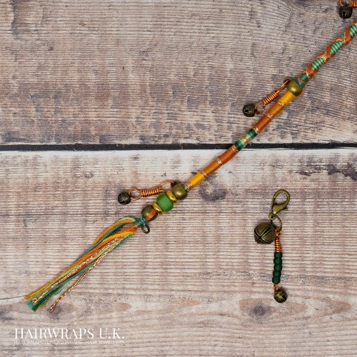 Removable Orange, Gold, and Green Hair Wrap with Glass Bead and Tibetan Bronze Charms - Sandalwood