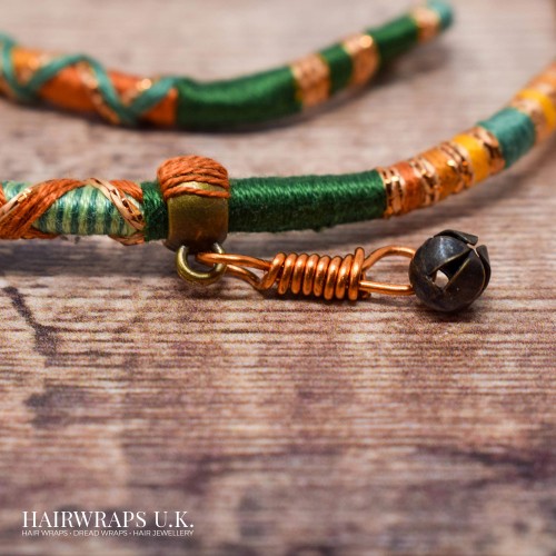 Removable Orange, Gold, and Green Hair Wrap with Glass Bead and Tibetan Bronze Charms - Sandlewood