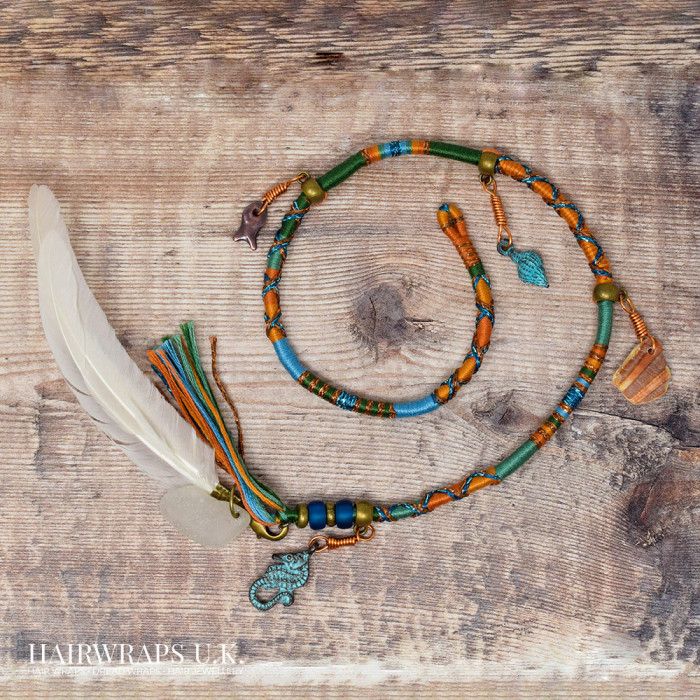 Removable Blue, Orange, and Yellow Hair Wrap with Glass Beads and Bronze Charms - Sea Tangle