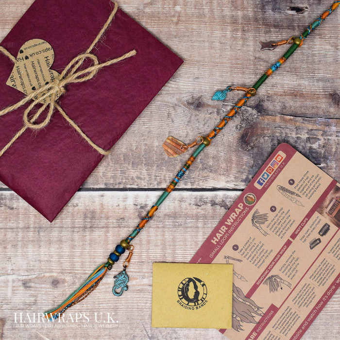 Removable Blue, Orange, and Yellow Hair Wrap with Glass Beads and Bronze Charms - Sea Tangle