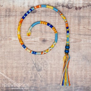 Removable Yellow, Blue and Orange Hair Wrap with Glass Beads – Seashore.