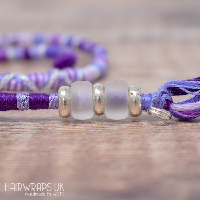 Removable Purple and Lilac Hair Wrap with Glass Beads - Silver Bell.