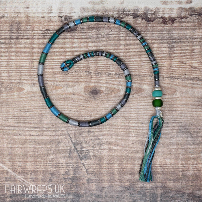 Removable Green, Grey, and Blue Hair Wrap with Glass Beads – Siren.