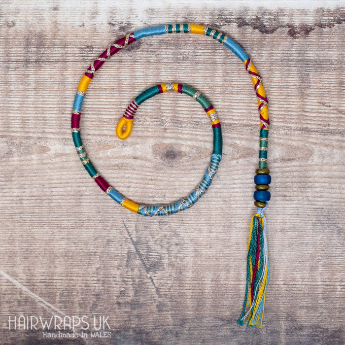 Removable Yellow, Blue, and Maroon Hair Wrap with Glass Beads – Songbird.