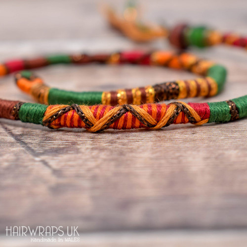 Removable Red, Orange, Brown, and Gold Hair Wrap with Wooden and Glass beads – Squirrel.