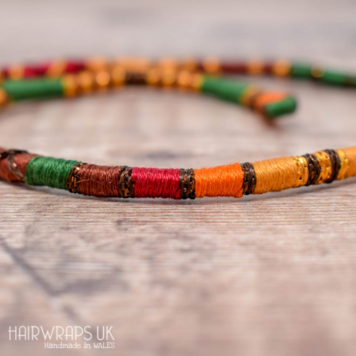 Removable Red, Orange, Brown, and Gold Hair Wrap with Wooden and Glass beads – Squirrel.