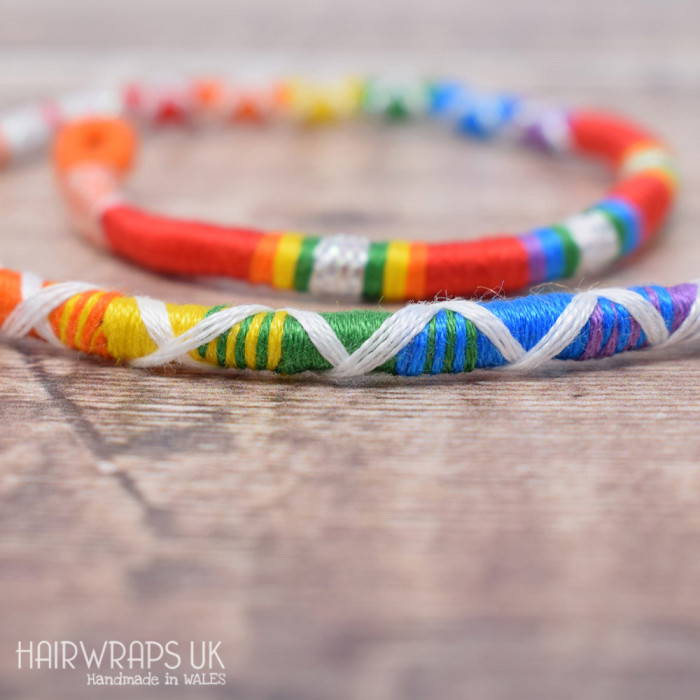 Removable Bright Rainbow and White Hair Wrap with Glass Beads - Summer Rainbow.