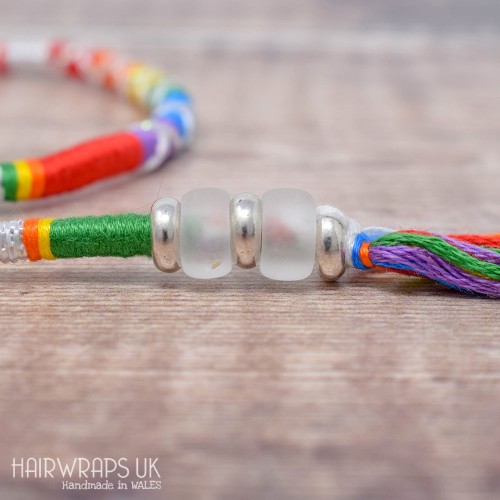 Removable Bright Rainbow and White Hair Wrap with Glass Beads - Summer Rainbow.