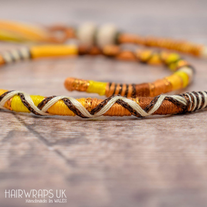 Removable Brown, Gold, and Yellow Hair Wrap with Wooden beads – Sunflower.