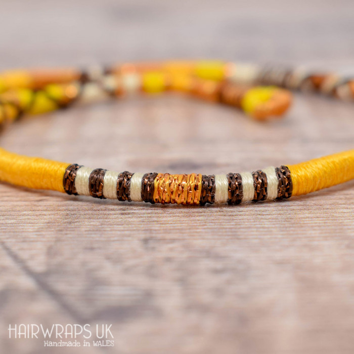 Removable Brown, Gold, and Yellow Hair Wrap with Wooden beads – Sunflower.