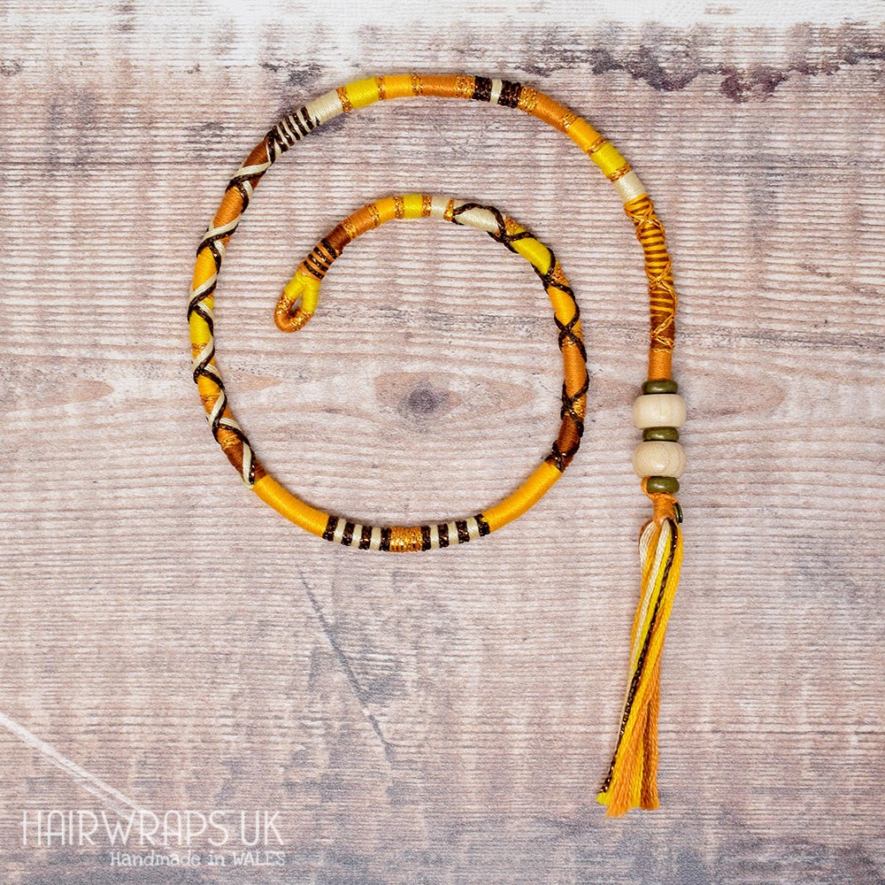 Removable Brown, Gold, and Yellow Hair Wrap with Wooden beads – Sunflower.