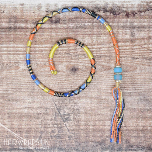 Removable Peach, Yellow, and Blue Hair Wrap with Glass beads – Sunrise.