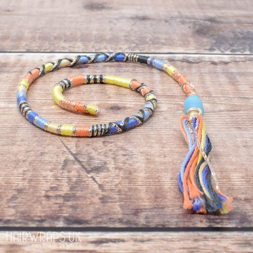Removable Peach, Yellow, and Blue Hair Wrap with Glass beads – Sunrise.