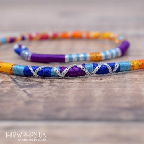 Removable Purple, Orange, and Blue Hair Wrap with Glass beads – Sunset.