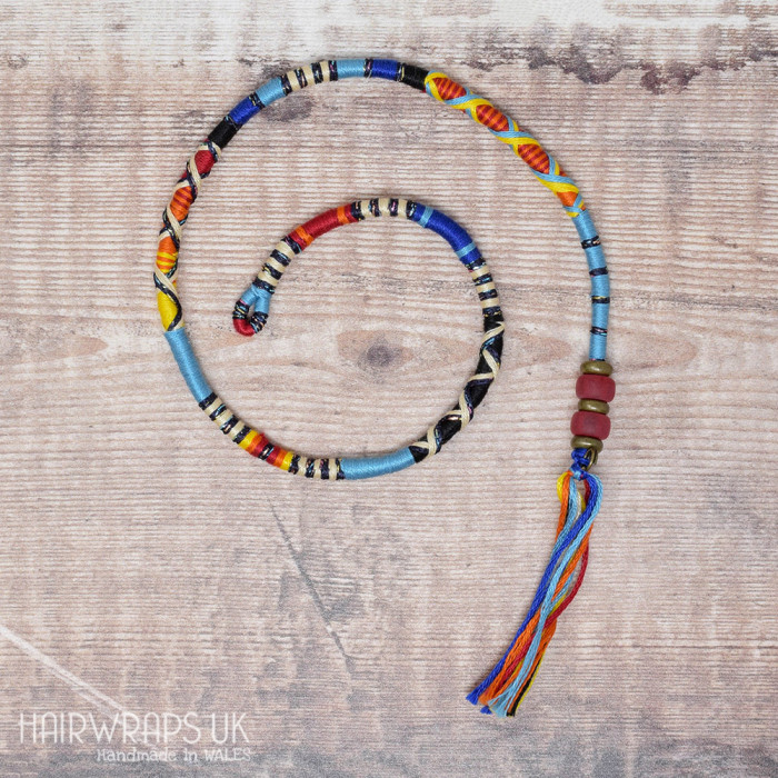 Removable Black, Blue, Orange, and Yellow Hair Wrap with Glass Beads – Swallow.