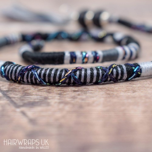 Removable Black and grey Hair Wrap with Wooden Beads - The Crow.