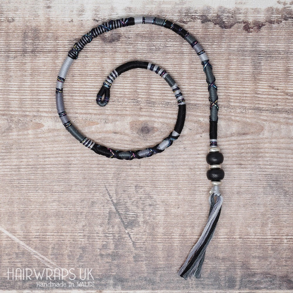 Removable Black and grey Hair Wrap with Wooden Beads - The Crow.