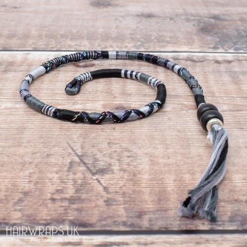 Removable Black and grey Hair Wrap with Wooden Beads - The Crow.