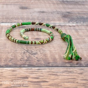 Removable Green, Cream, and Brown Hair Wrap with Glass Beads - Tree of Life.