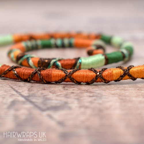 Removable Green, Gold and Brown Hair Wrap with Wooden Beads - Tree Fox.