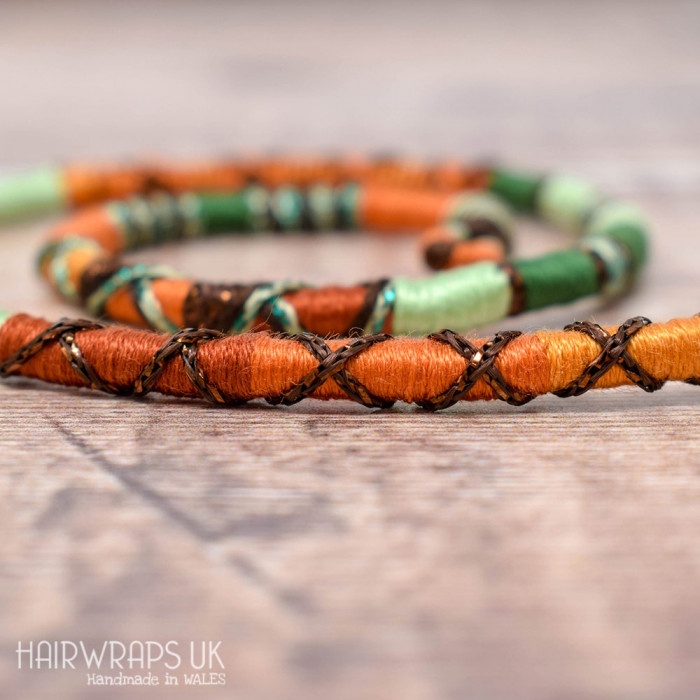 Removable Green, Gold and Brown Hair Wrap with Wooden Beads - Tree Fox.
