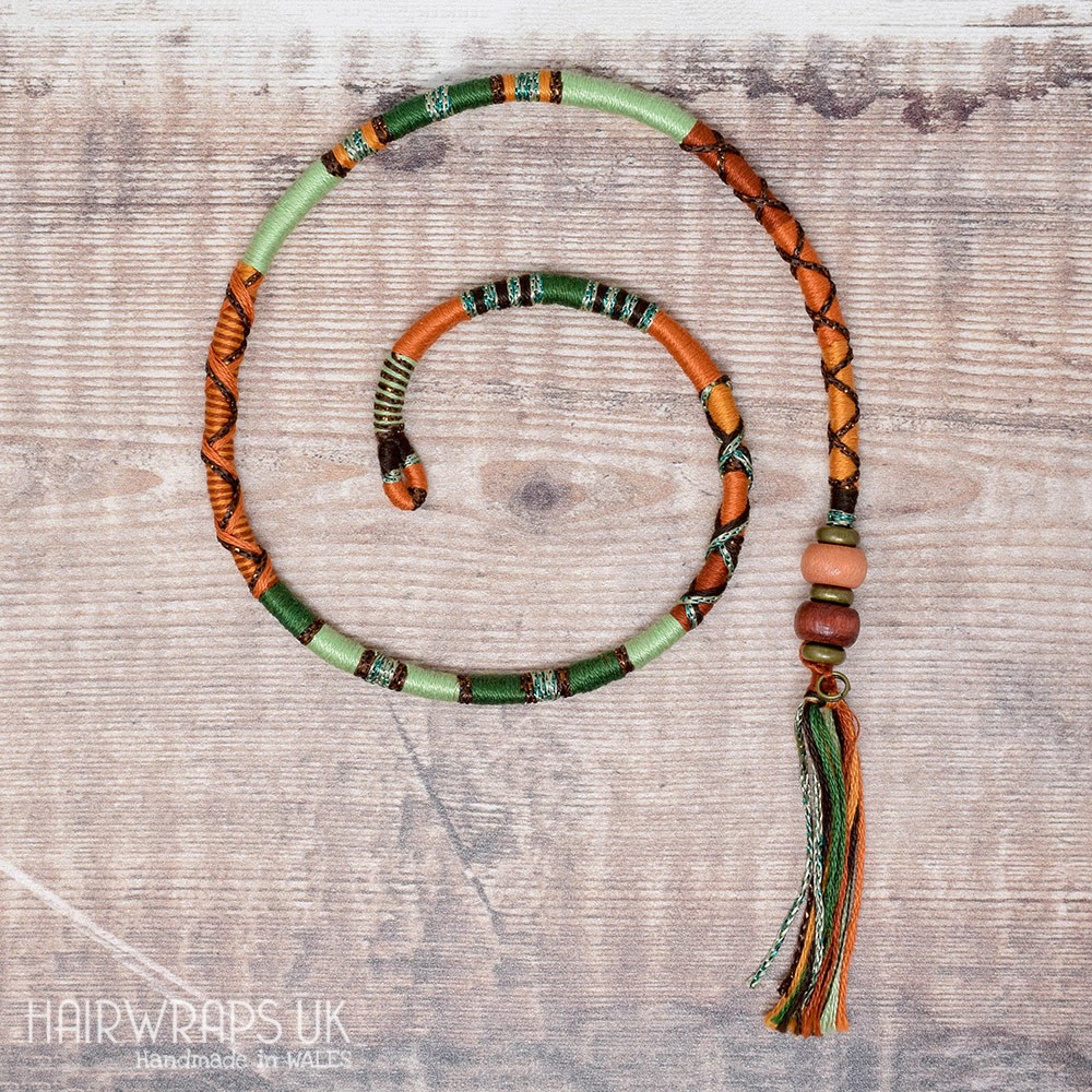 Removable Green, Gold and Brown Hair Wrap with Wooden Beads - Tree Fox.