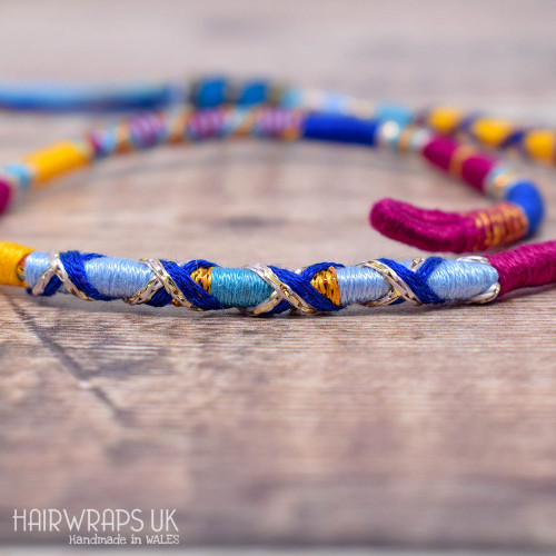Removable Blue, Purple, and Yellow Hair Wrap with Glass Beads - True Friend.