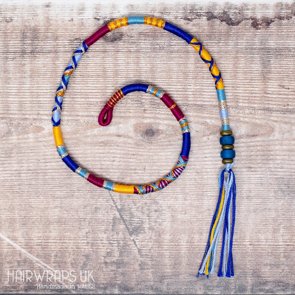 Removable Blue, Purple, and Yellow Hair Wrap with Glass Beads - True Friend.