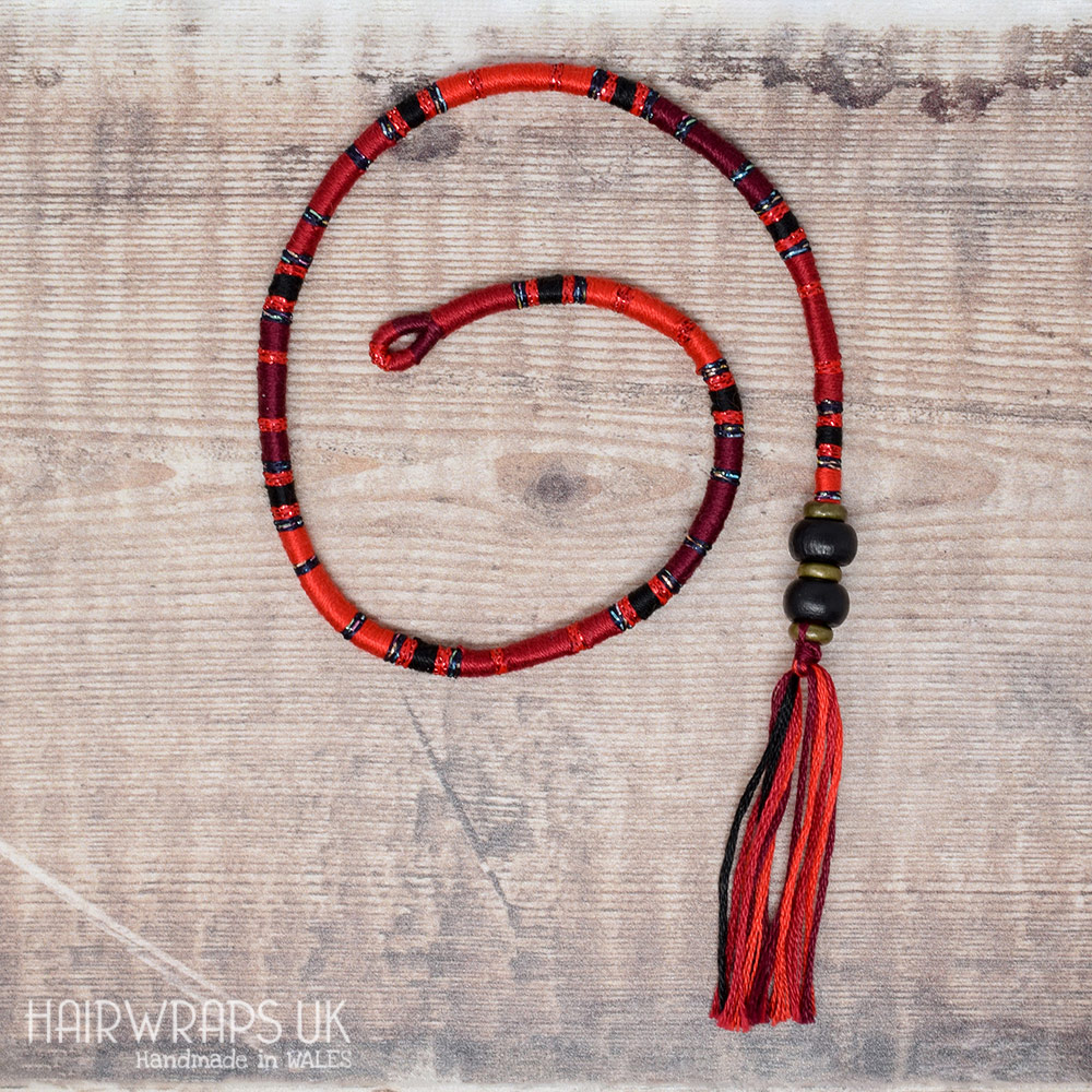 Removable Black and Red Hair Wrap with Wooden Beads –